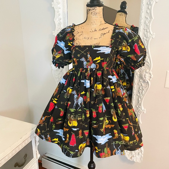 SALE New York Couture Vintage COWBOY WESTERN Print Puff Sleeve Dress - Picture 4 of 8